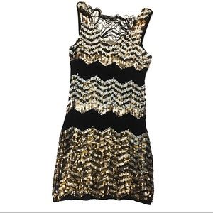 Bebe Dress, Black Gold and White.